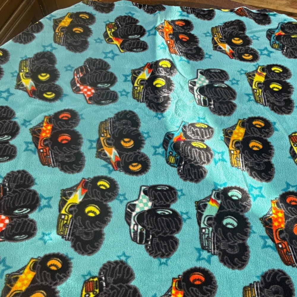 Soft Fleece Material Remnant Blue/Multicolor All-Over Monster Trucks 36"x58"